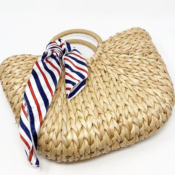 NWOT Retro Summer Beach Rattan Handbag With Scarf - Picture 3 of 10